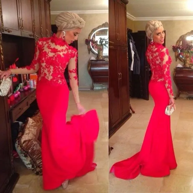 

Elegant Vintage Lace Mermaid Evening Dresses Long Sleeves Red Appliques Lace Formal dress abiye Evening dress robe de soiree