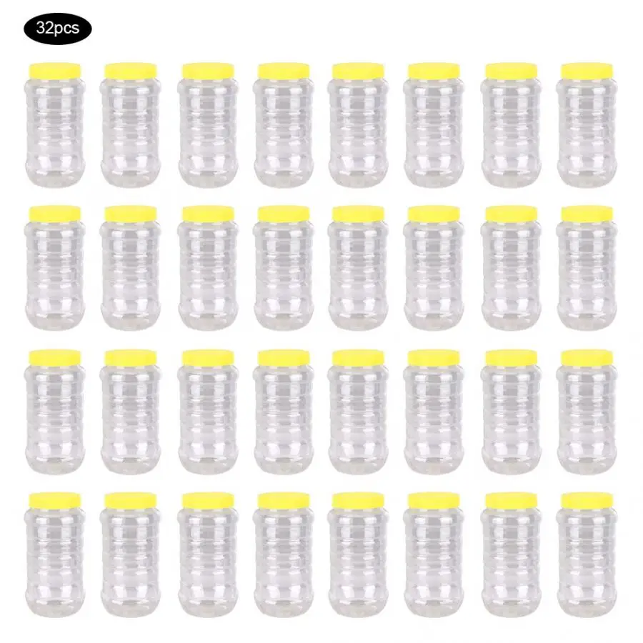 

32PCS Mini Small Honey Bottle1000g Food Grade Plastic Transparent Honey Jar Storage Bottle Container with Lid Honey Stick Spoon