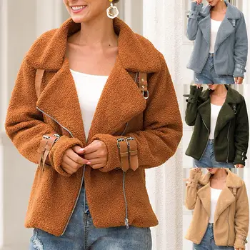 

Fashion Lady Solid Color Lapel Long Sleeve Motorcycle Jacket Woolen Coat Outwear Casual Faux Leather and Polyester Women Jacket