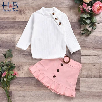 

Humor Bear 2020 Spring Autumn Girls Clothing Sets Button Cotton Strip High Turtleneck Top +Woven Skirt 2Pcs Suit Outfits