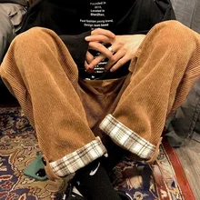 Fernan Corduroy Women Bottoms Pants Autumn Vintage Streetwear Japanese Flanging Plaid Harajuku Casual Fashion Brown Trousers
