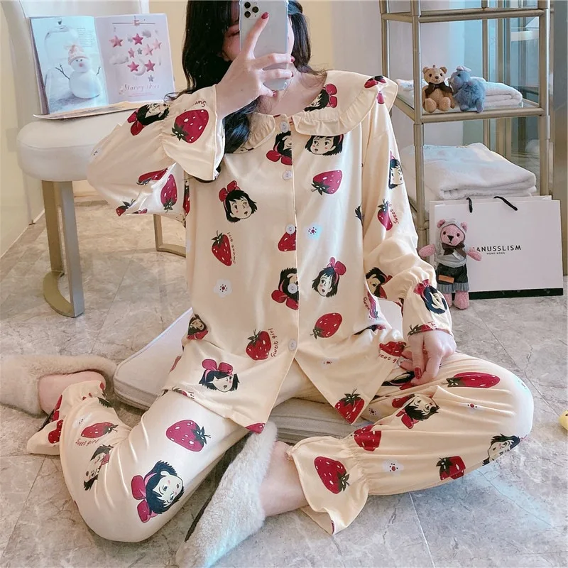 

Multi-Spring And Autumn New Products WOMEN'S Pajamas Spring Cardigan Peter Pan Collar Set Qmilch Long Sleeve Tracksuit