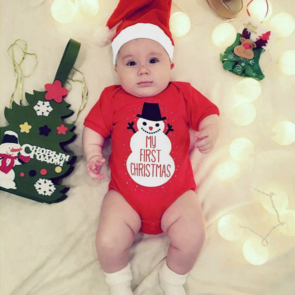 

2PCS Christmas Toddler Baby Cartoon Snowman Letter Print Romper+Hat Set Outfit Baby Romper Baby Winter Clothes Baby Clothes 2019