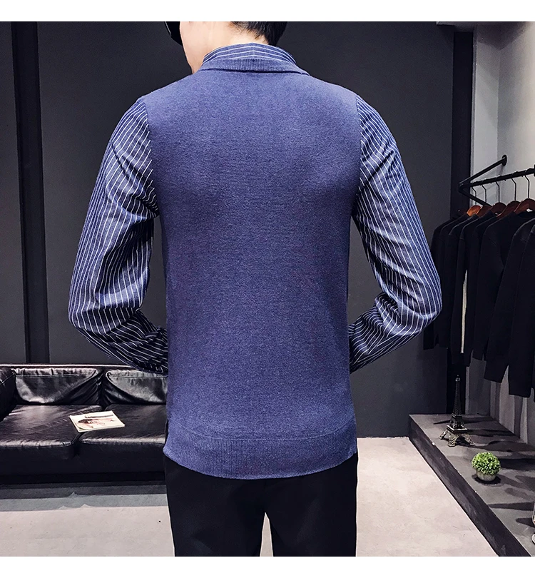 Британский стиль поддельные две части свитер пуловер свитер мужской Blusa Masculina модная одежда мужской круглый вырез длинный рукав вязание