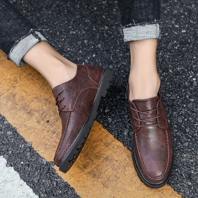 

Men Leather Shoes Solid Lace-up Big Size 38-44 Men's Casual Shoes Comfortable Flats Dress Shoes Male Soft Footwear *M6601