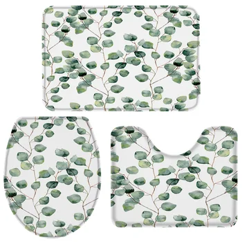 

3 Pieces Bathroom Set Watercolor Vine Green Fresh Bath Set Toilet Cover Mat Pedestal Rug Non-Slip Bathroom Rug Set
