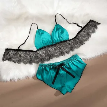 

Smooth Ladies Silk Satin Bra Set Sexy Flowers Floral Lace Pajamas Set Underwear Women Suit Ladies Shorts Intimate Plus Size S-XL