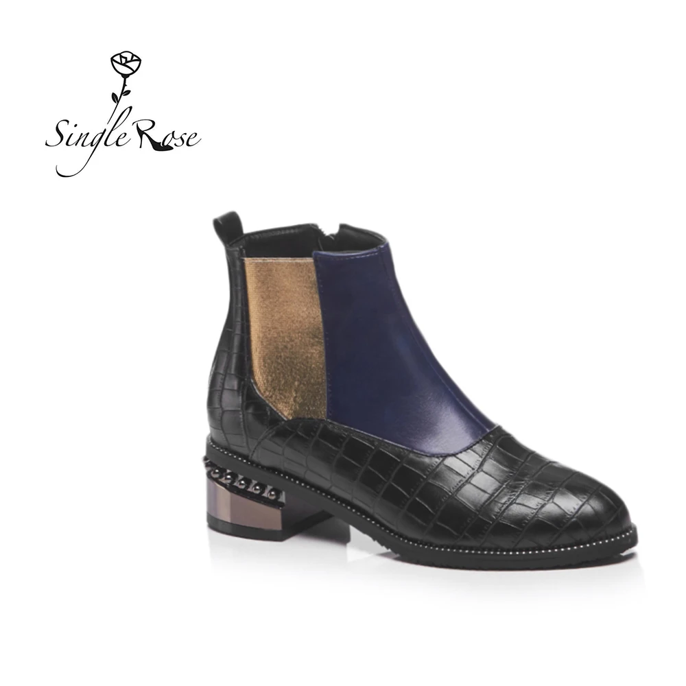 Skup Pojedyncza róża zimowe buty damskie do kostki gumką okrągłe Toe buty na kwadratowym obcasie sztukateria Chelsea wysokie obcasy buty z mikrofibry XZ31