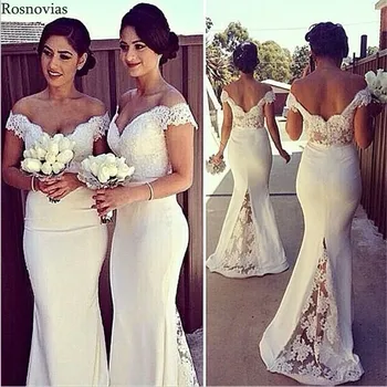 

Elegant White Long Mermaid Bridesmaids Dresses 2019 Off Shoulder Backless Sweep Train Maid of Honor Gowns Wedding Guest Dresses