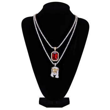 

2020 New micro-set pendant chain Jesus head and ruby hiphop hip hop necklace combination set
