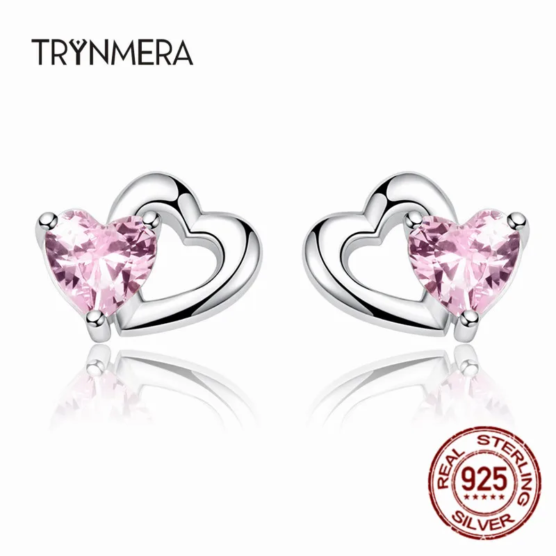 Женские сережки гвоздики Trynmera серьги из 925 пробы серебра с двойным сердцем и