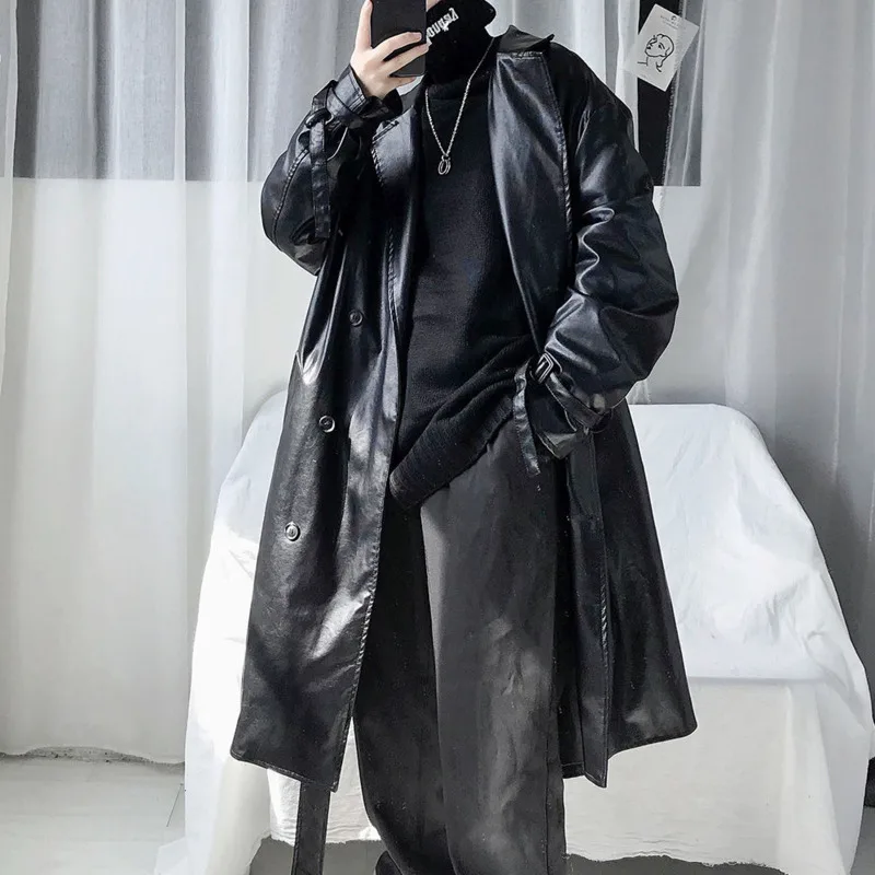 

Winter Plus Cotton Thick Leather Trench Men's Warm Fashion Long Leather Jacket Men Streetwear Motorcycle Jacket Mens Overcoat