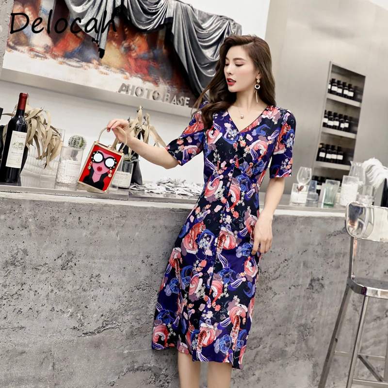 

Delocah Women Summer Dress Runway Fashion Sexy V-Neck Animal Printed Split Collect Waist Elegant Vintage A-Line Midi Dresses