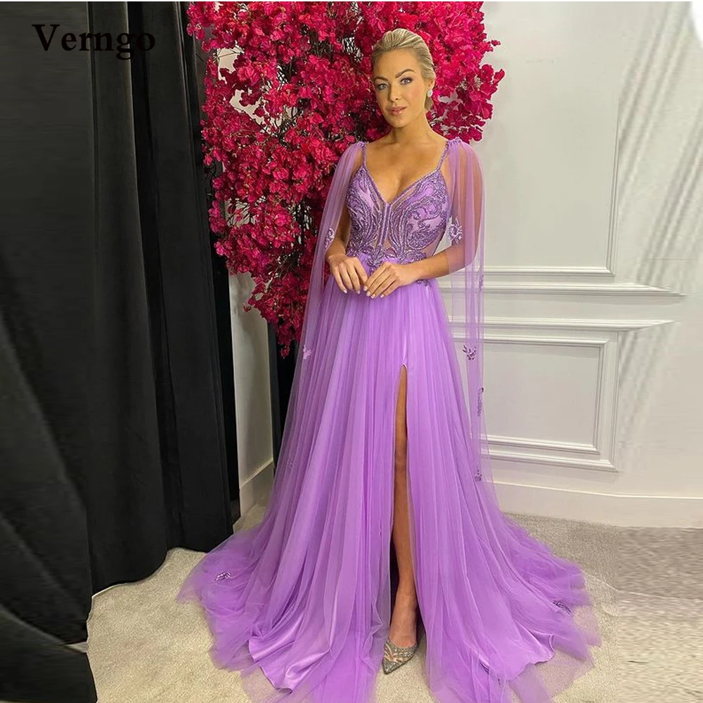 Abiti da sera eleganti da donna in Tulle lilla con maniche lunghe a mantella  maniche lunghe con spalline in pizzo 2022 abiti da sera da donna|Prom  Dresses| - AliExpress