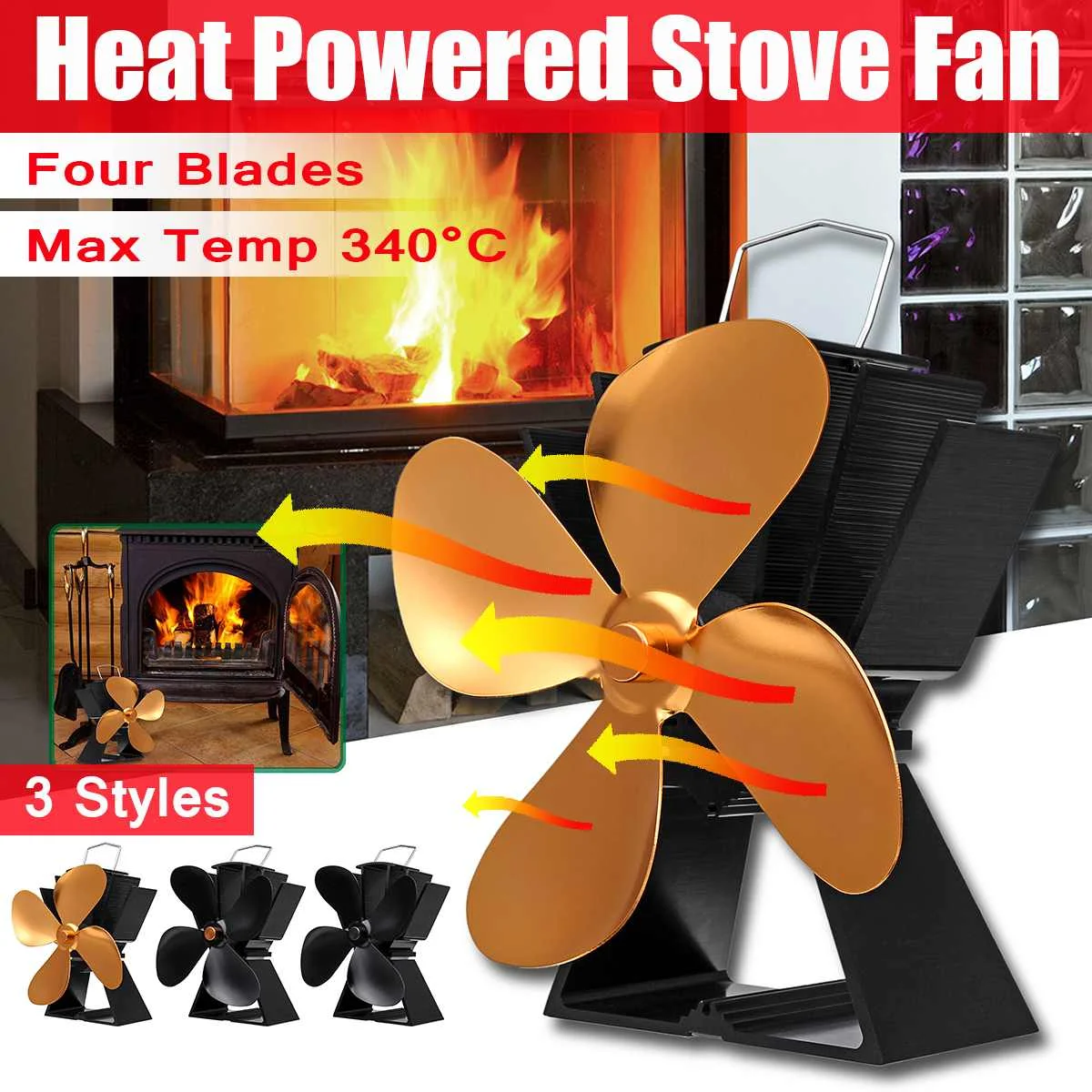 

80-340 Degree Fireplace 4 Blade Heat Powered Stove Fan komin Log Wood Burner Eco Silent Fan Home Efficient Heat Distribution