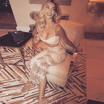 

ADYCE 2020 New Arrivals Women Sequin Sets Vestidos Hot 2 Two Pieces Set Spaghetti Strap Top Tassel Celebrity Evening Party Dress