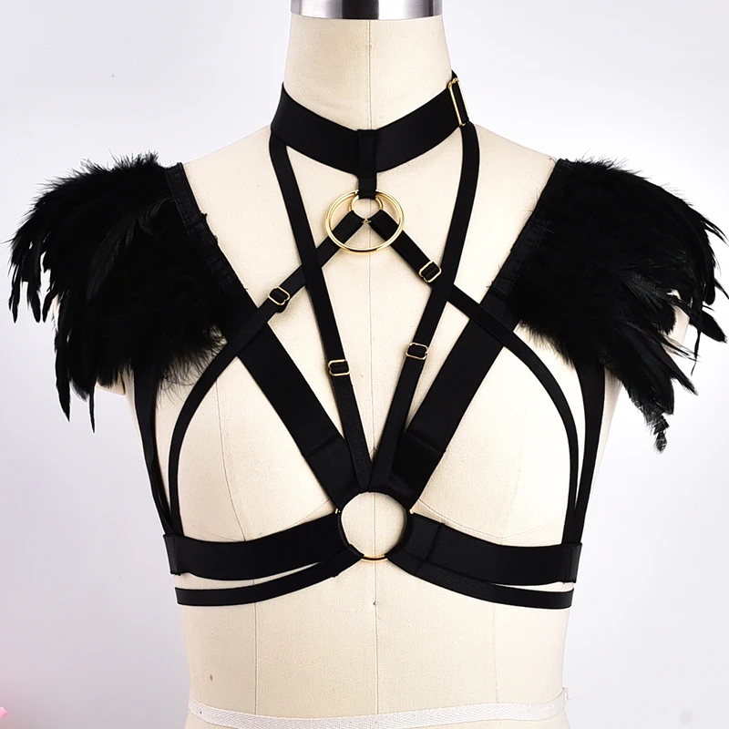 Feather Harness Angel Wing Bralette Crop Tops Epaulettes Shoulder Steampunk Goth Fetish Exotic Festival Plus Size Cage Bra