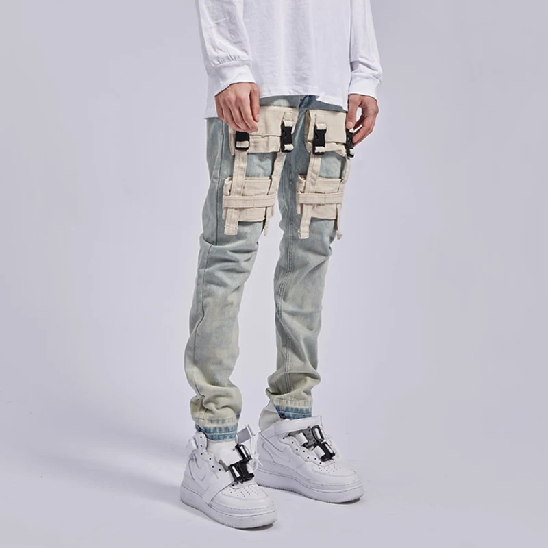

2019 New Dismantling Constructing Workwear Pocket Fitness Tactical Wear Jeans Hip Hop Distressed Jeans Kanye West Streetwear