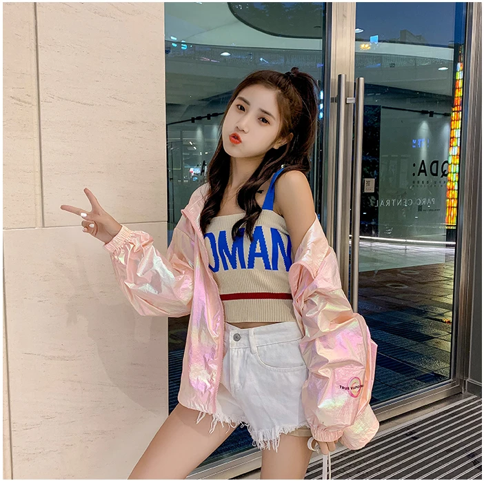 YUANYUANJYCO summer thin woman jacket reflective colorful with a zipper long sleeve fashion white pink jackets for women coats