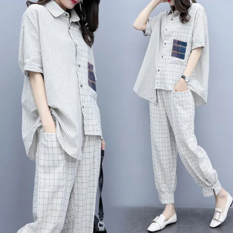 

Plaid WOMEN'S Suit 2019 Summer New Style Fashion Casual Loose And Plus-sized Capri Pants Fashionable Western Style Two-Piece Wom