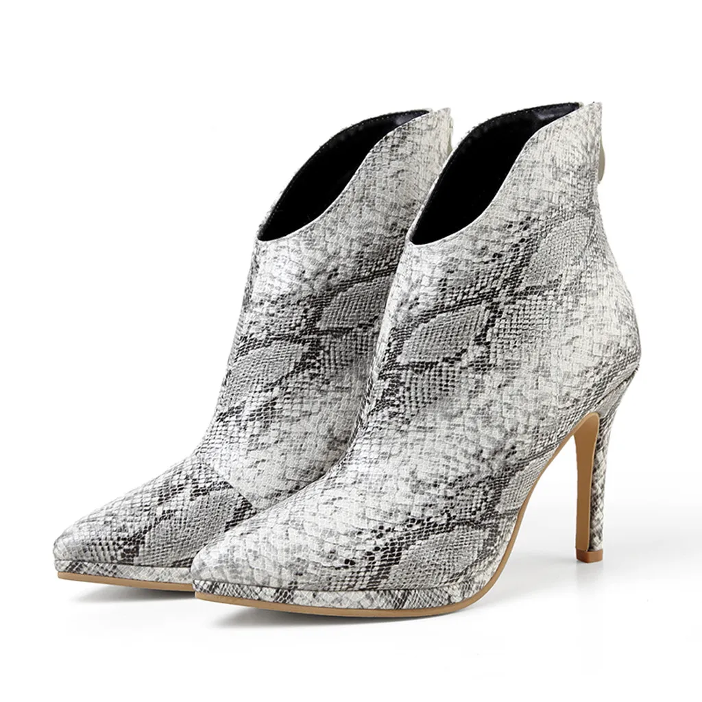 Women's Fashion Sexy High Heels Snake Pattern Booties Back Zipper Ankle Boots Pointed High Heels Women Shoes Femmes Chaussures