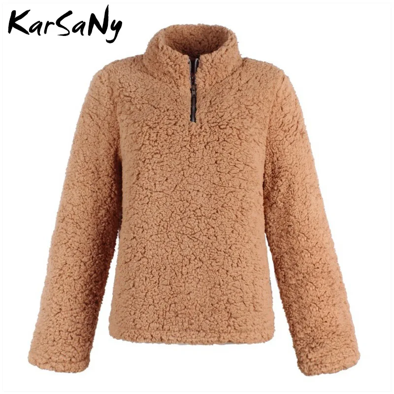 Light camel KarSaNy, флисовая Толстовка для женщин, большой размер, Женская водолазка, искусственный свитер с мехом, женский черный свитер на молнии, женские толстовки, пуловер - Цвет: Light camel