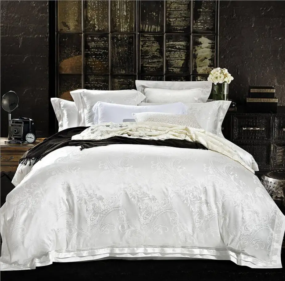 6 шт., Белый Жаккардовый Комплект постельного белья, роскошное сатиновое одеяло с вышивкой/пододеяльник, постельное белье, постельное белье, простыня, хлопок, домашний текстиль - Цвет: E