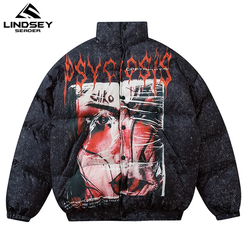 

LINDSEY SEADER 2020 Men's Winter Warm Jacket Thick Coat Goth Print Heated Padded Puffer Jacket Oversize Male Parka Men Clothing