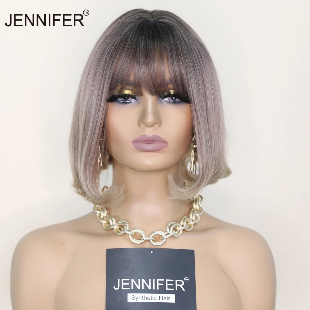 

Short Straight Full Mechanism Synthetic Wigs for Women with bangs Gradient rose gold Hair Heat Resistant Cosplay/Daily Wig