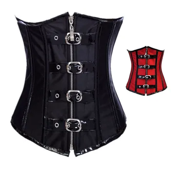 

Fashion Black Korset Steampunk Underbust Corsets and Bustiers PU Corset Top Faux Leather Gothic Punk Corselet Red