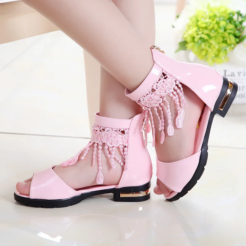 3 5 9 10 12 Years Kids Bow Sandals Children Girls Summer Cute Sandals Beach Princess Fashion High Heels Tassel School Shoes