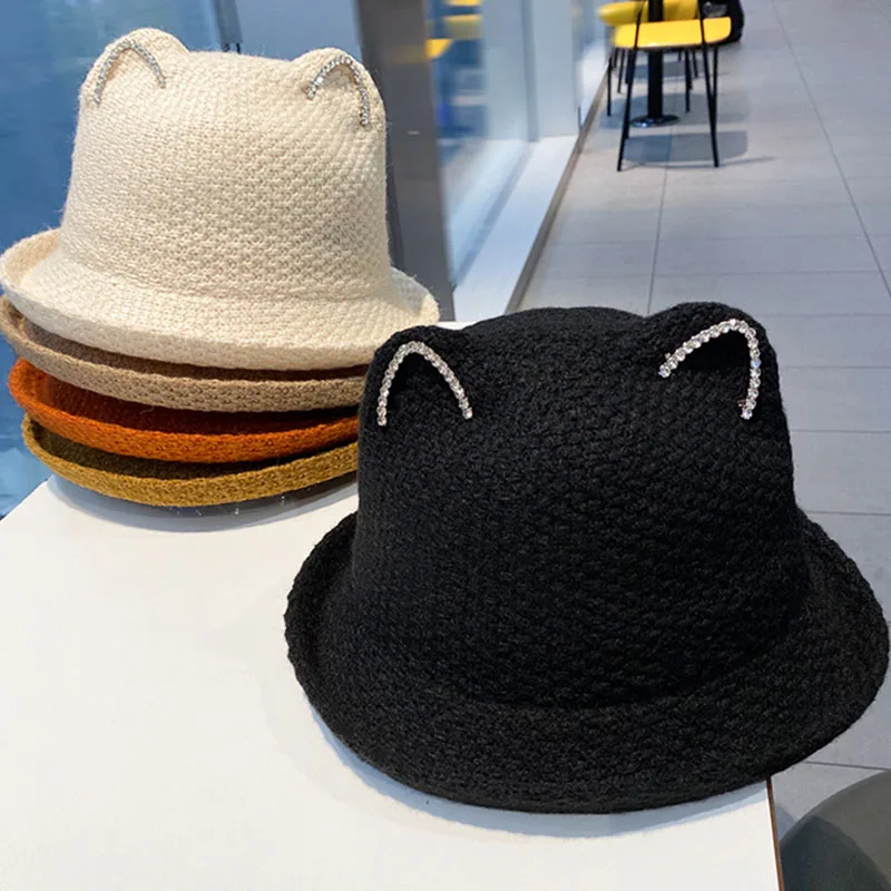 

Cute Cat Ear Bucket Hats Women 5 Colors Dome Knitted Sun Hat Autumn Winter All Match Rhinestone Foldable 56-58cm