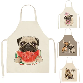 

Cartoon Dog Printed Kitchen Aprons Cotton Linen Home Cooking Baking Coffee Shop Cleaning Accessory