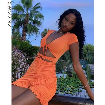 

ZKYZWX Sexy Ruched Ruffle Night Club Party Dress Women New Vestidos Summer Clother Cut Out Short Sleeve Bodycon Bandage Dresses
