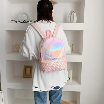 

Laser Women School Backpack PU Leather Cartoon Fish Tail Cute Girls Travel Shoulder Bags for Vacation and Travel