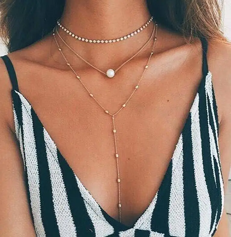 

Hot Sales Hot Selling Bohemian Crystal Choker Long Necklace Crystal Pendant Three Layer Pearl Necklace Women's