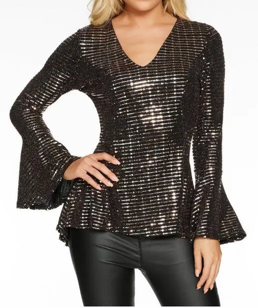 

1 piece Office Ladies Shirt 2020 Autumn Bronzing Blouse Women Sexy V Neck Lantern Sleeve Shirt Female Top Blusas Femininas