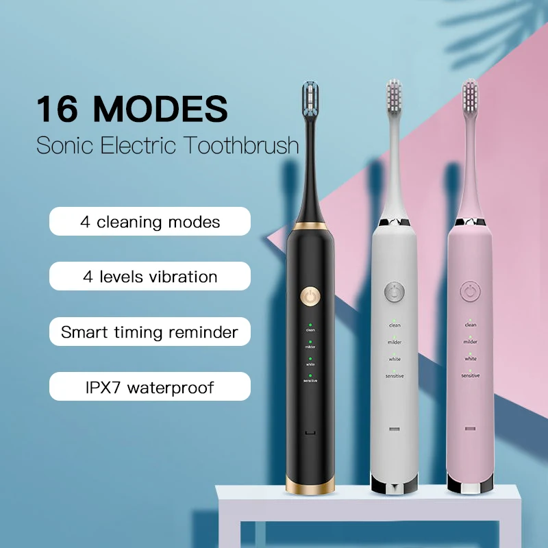 16Mode brosse à dents électrique sonique 5 têtes de brosse de rechange Ultra sonique USB Rechargeable électronique intelligent voyage brosse dents