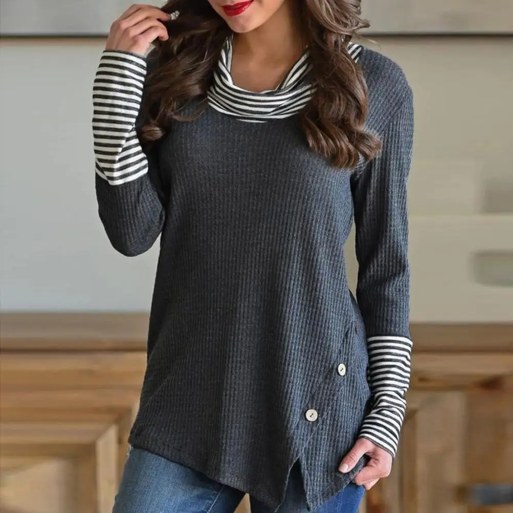 

Sweater Womens Winter Warm Splice Stripe Button Long Sleeve Cowl Neck Knit Pullover Sweater Lady Pullover Tops pull Hiver femme