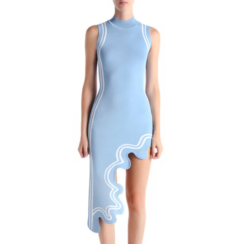 

New 2020 Summer Korean Vintage Asymmetrical Blue Wavy Striped Long Sweater Dress Women Sexy Bodycon Knitting Dress Vestidos Robe