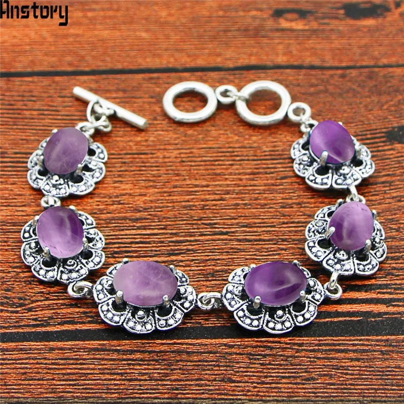Natural Purple Stone Bracelet Plum Flower Design Vintage Look Antique Silver Plated Fashion Jewelry TB334