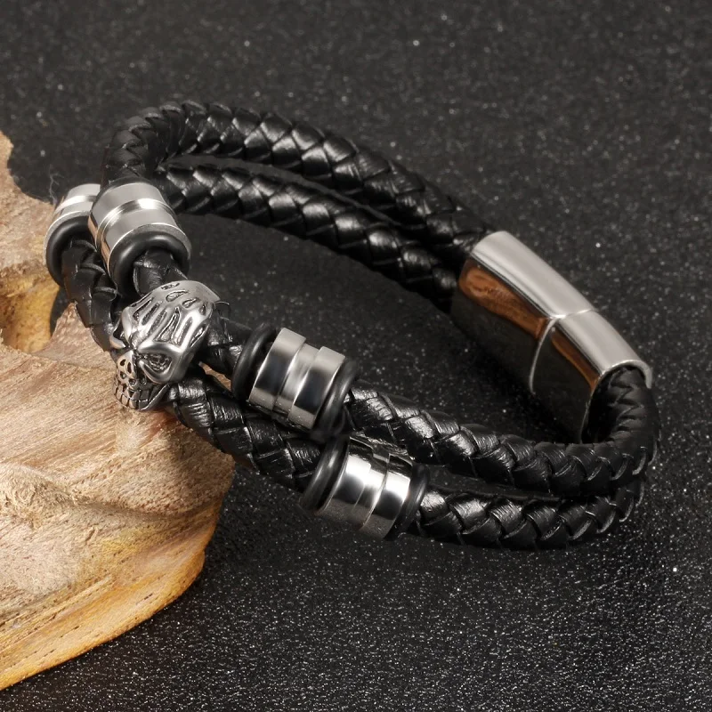Charm Skull Bracelets & Bangles Men Stainless Steel Double Layer Black Leather Chain Punk Fashion Jewelry PS2099