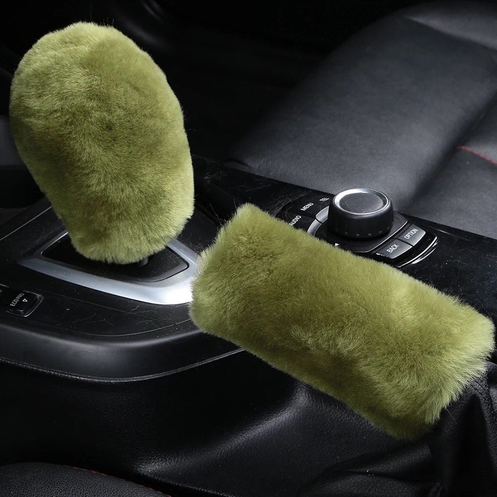 1 Set Pea Green OGLAND, цветной, настоящий, пушистый, овчина, для автомобиля, переключатель уровня переключения передач, ручка, крышка, рукав, подходит для автомобиля, аксессуары, меховой гандбол - Название цвета: 1 Set Pea Green