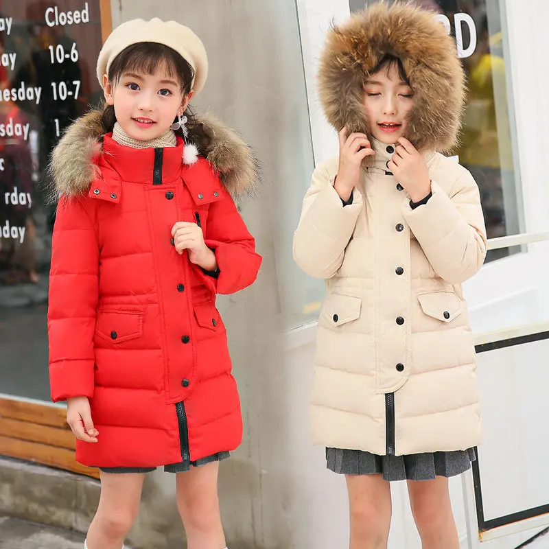 

2019 Baby Winter Coat Fur Collar Hoodied Girls Jackets Long Warm Children's Down Outerwear Teenage Fashion Boys Snow Clothes