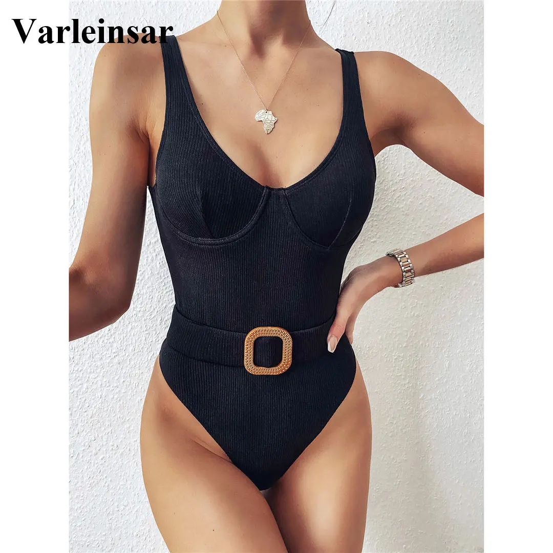 One-Piece Swimsuit Push-Up High-Cut Sexy New Women with Belt Lady V2084 2-Colors Female