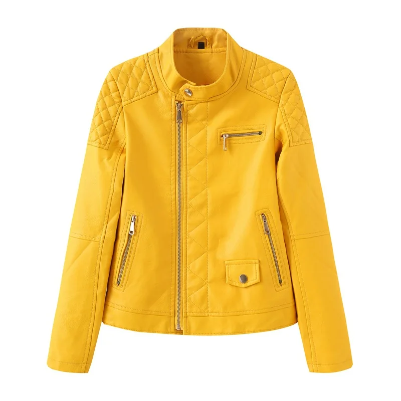 Повседневный из кожзаменителя, женская мягкая кожаная куртка, мотоциклетная Черная байкерская куртка из искусственной кожи, зимнее женское пальто - Цвет: Цвет: желтый