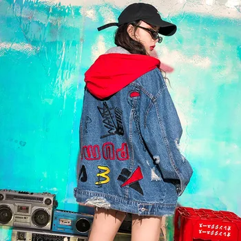 

Autumn Winter Hooded Ripped Hole Denim Jacket Women Casual Embroidery Letters Loose Hip Hop Jeans Coat Outerwear Chaqueta Mujer