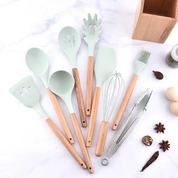 

Fresh Blue Silicone Kitchenware Set Japanese Style Wooden Storage Container Kitchen Ware 9-piece Set Spatula Soup Spoon Set