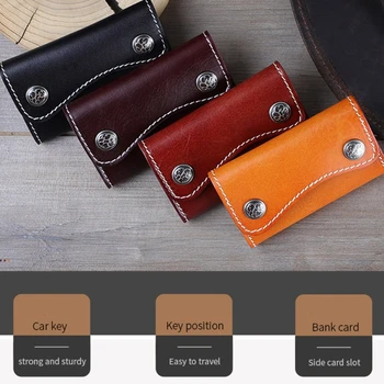 

Portable Leather Keychain Key Wallet 6 Hook Button Closure Case with Card Holder Organizer