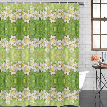 

Green Daffodil Flowers Plant Art Waterproof Shower Curtain With Hook For Home Decoration Bathroom Shower Curtain